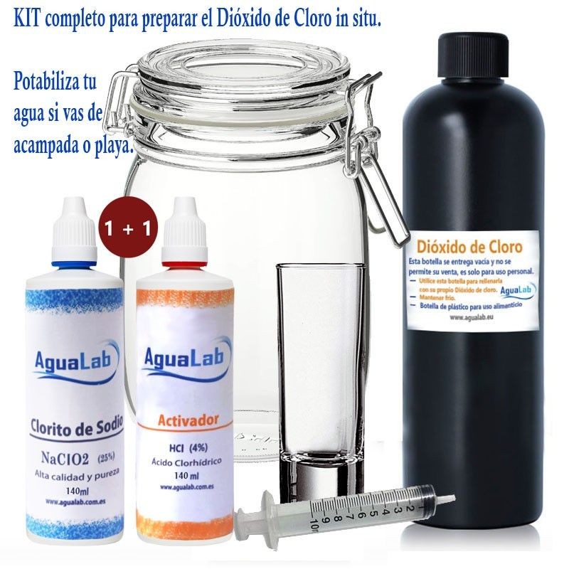 Kit potabilizador Herramientas 1+1 Clorito Sódico al 25% (140 ml) + Activador - Ácido Clorhídrico 4% (140 ml)